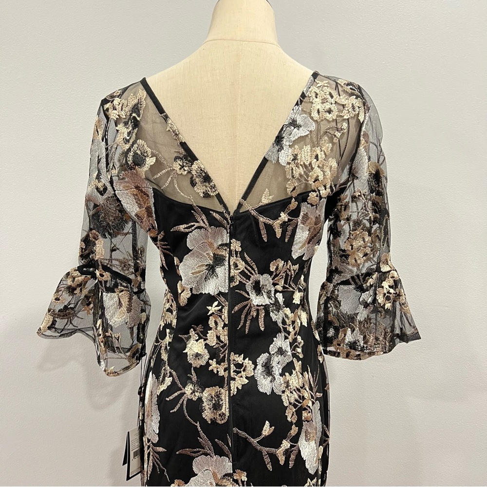 Adrianna Papell Black With Multicolor Floral Embroidery V-Neck 3/4 Sleeves Gown - Picture 10 of 15